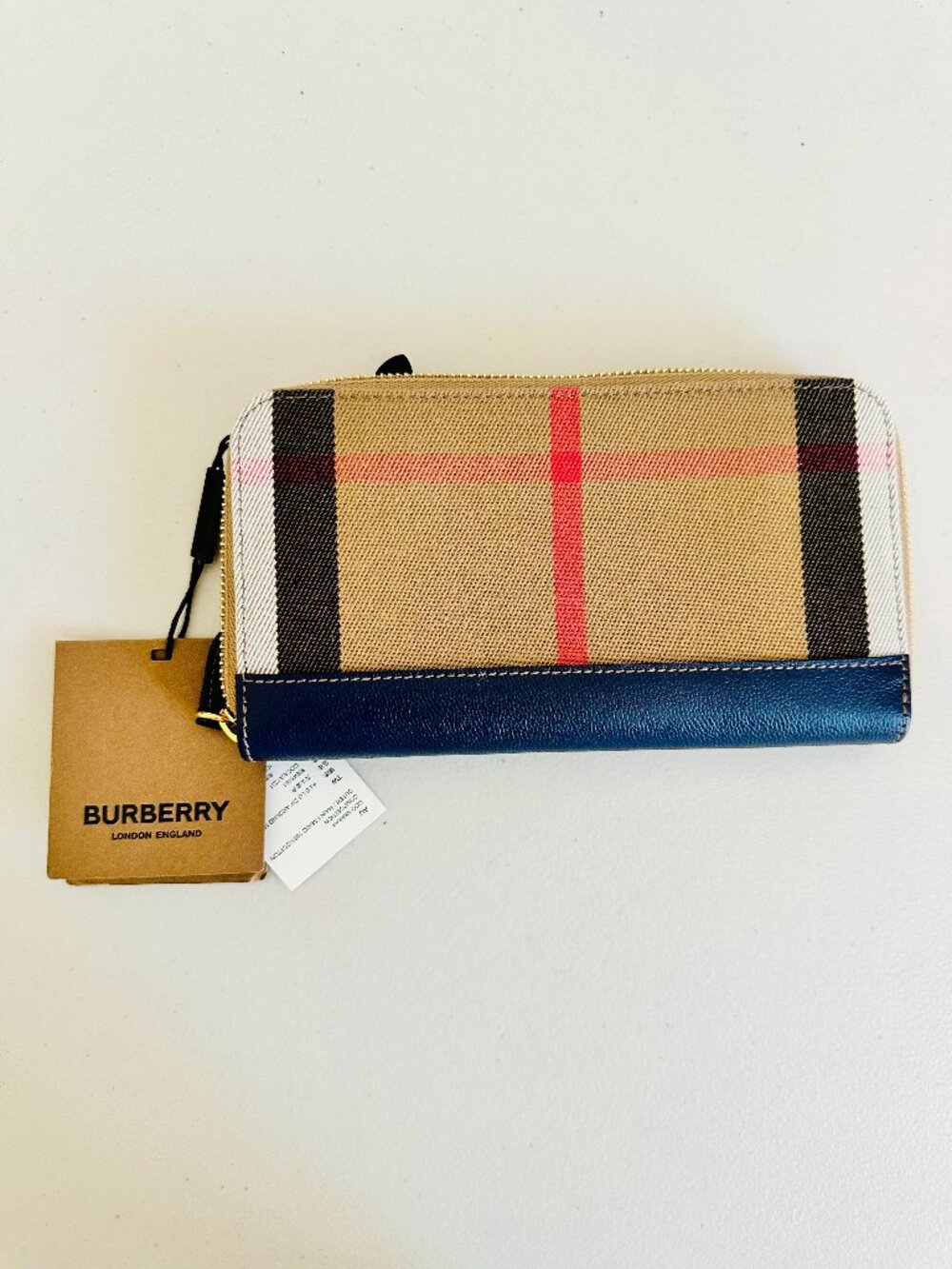 BURBERRY NAVY BLUE  LEATHER NOVA CHECK CANVAS ZIP-AROUND CONTINENTAL LONG WALLET